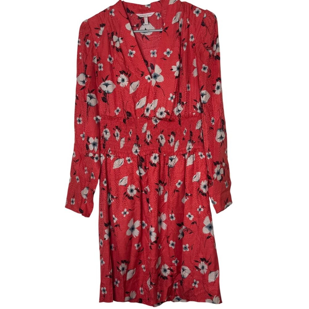Rebecca Taylor Daniella Red Floral Silk Dress Sz 4 Smocked Waist V-Neck Pockets
